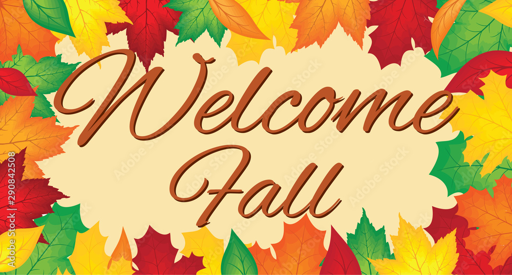 vector illustration of fall autumn leaves with the welcome fall typography, fall background banner, social media banner