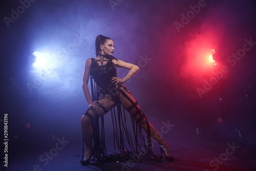 Young sexy woman dancer posing in the smoke