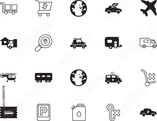 transport vector icon set such as: search, automotive, parking, logistic, crate, metal, summer, urban, style, mobile, caution, aircraft, top, rail, friendly, plane, image, baggage, railroad, digital