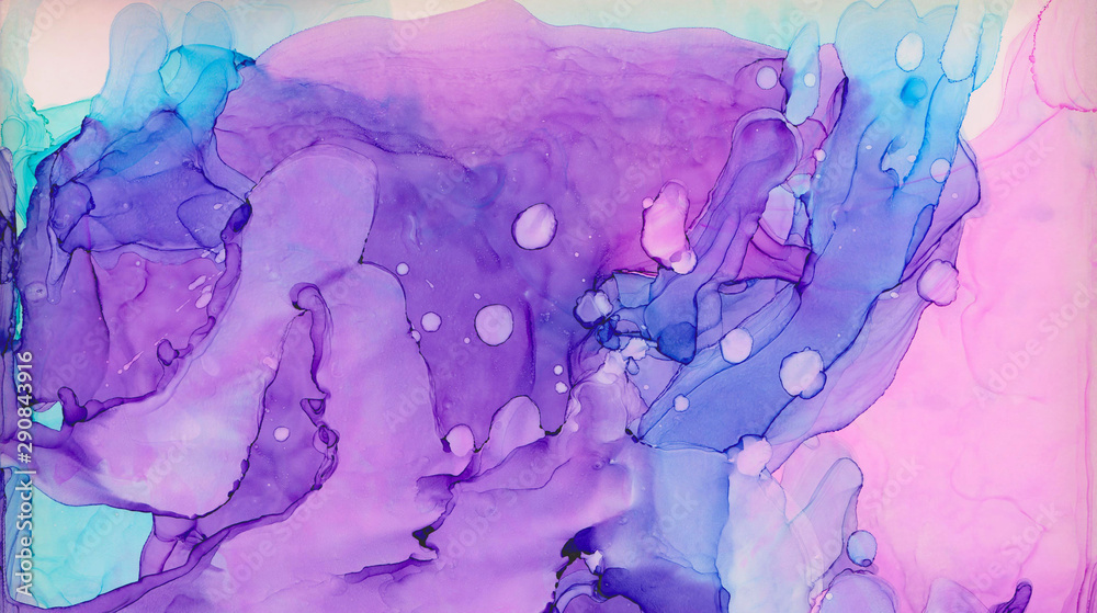 Ethereal fantasy light blue, pink and purple alcohol ink abstract background. Bright liquid watercolor paint splash texture effect illustration for card design, banners, modern graphic design