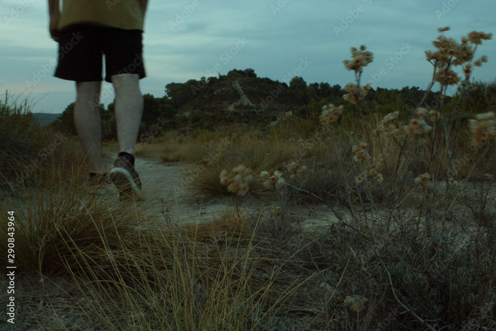Man walking away from flower