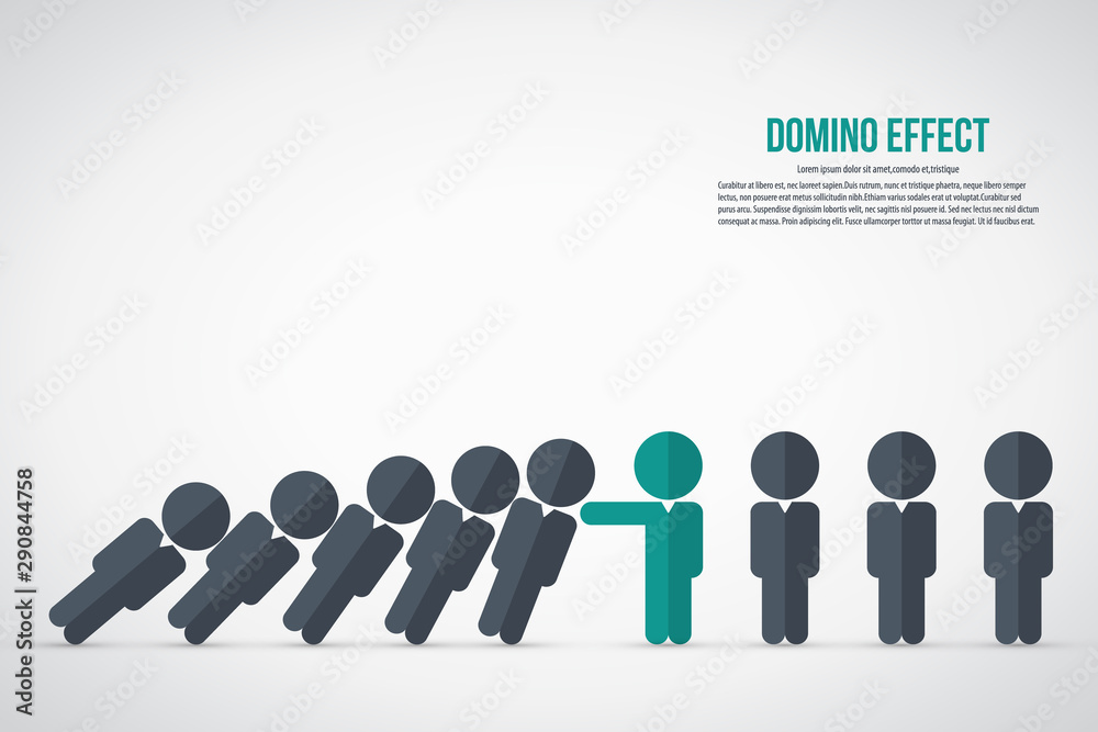 Domino effect. Stick figure stopping the domino effect Domino effect. Stick figure stopping the domino effect