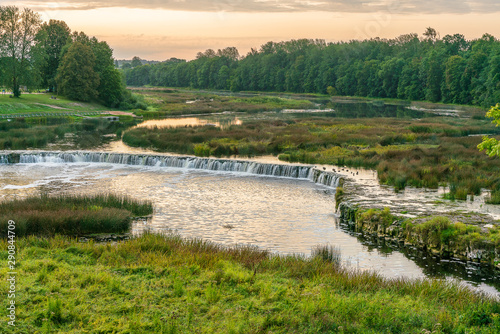 Beautiful view of Rumba waterfall in Kuldiga in the early morning. Tourist place in Latvia.