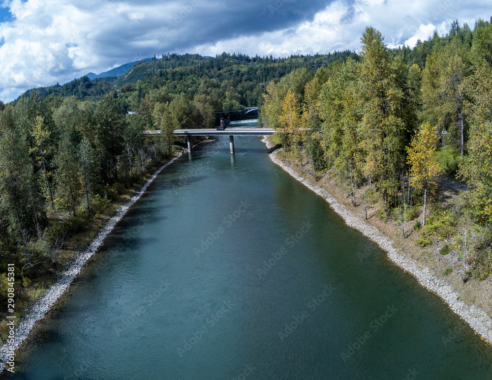 Amazing aerial photography of the majestic Skagit River Confluence in the Northern Cascades of the state of Washington.