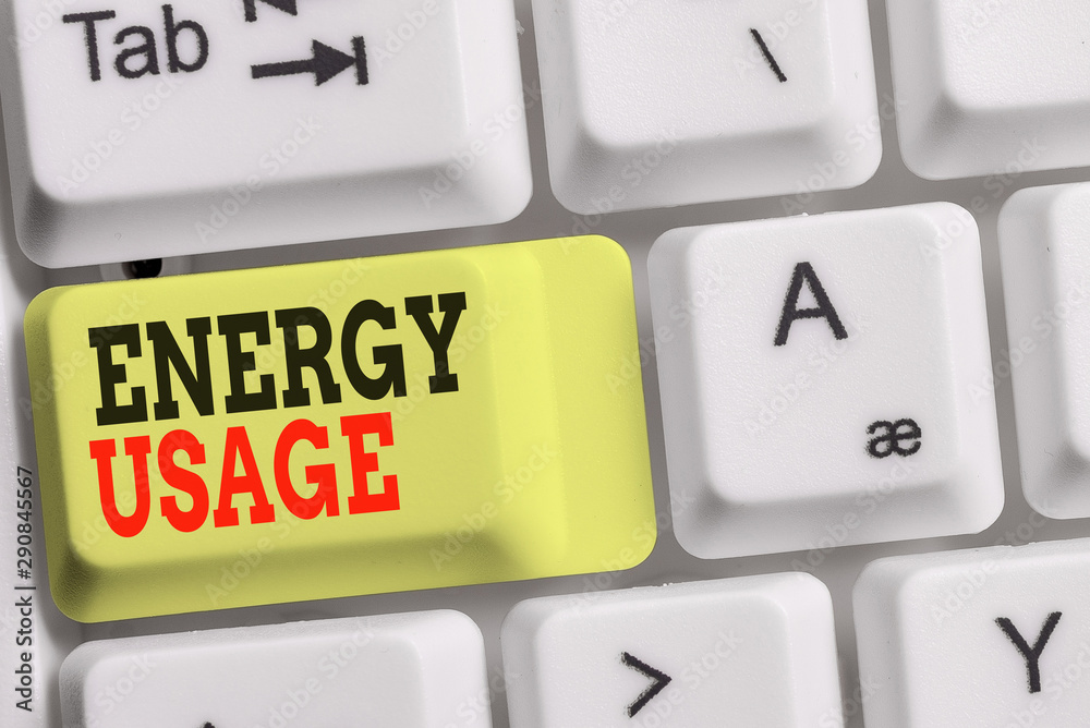 Handwriting text Energy Usage. Conceptual photo Amount of energy consumed or used in a process or system White pc keyboard with empty note paper above white background key copy space Handwriting text Energy Usage. Conceptual photo Amount of energy consumed or used in a process or system White pc keyboard with empty note paper above white background key copy space