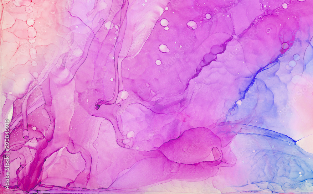 Ethereal fantasy light blue, pink and purple alcohol ink abstract background. Bright liquid watercolor paint splash texture effect illustration for card design, banners, modern graphic design