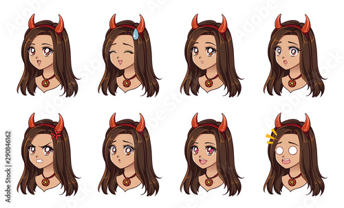 Halloween kawaii devil girl with eight different face expression. Retro 90s anime style hand draw vector illustration. Isolated on white background.