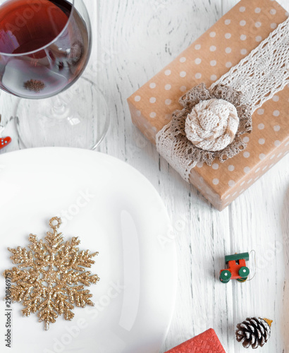 Christmas table. New Year table decoration. View from above photo