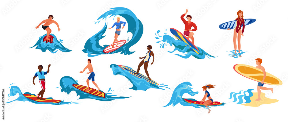 Set of surfers. Raster illustration in flat cartoon style
