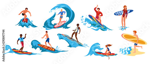Set of surfers. Raster illustration in flat cartoon style
