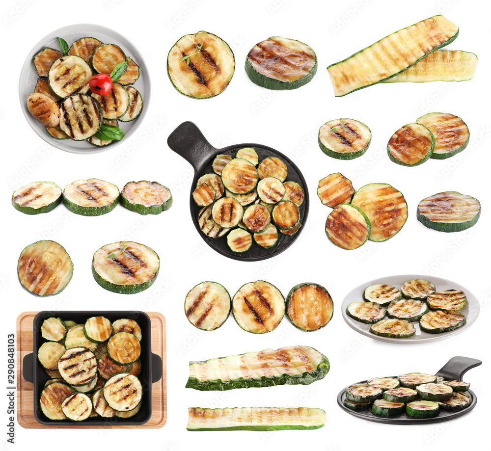 Delicious grilled zucchini slice on white background Delicious grilled zucchini slice on white background