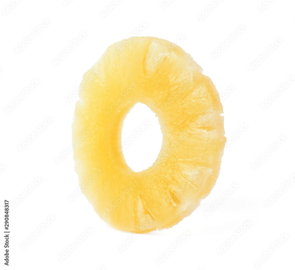 Slice of delicious sweet canned pineapple on white background