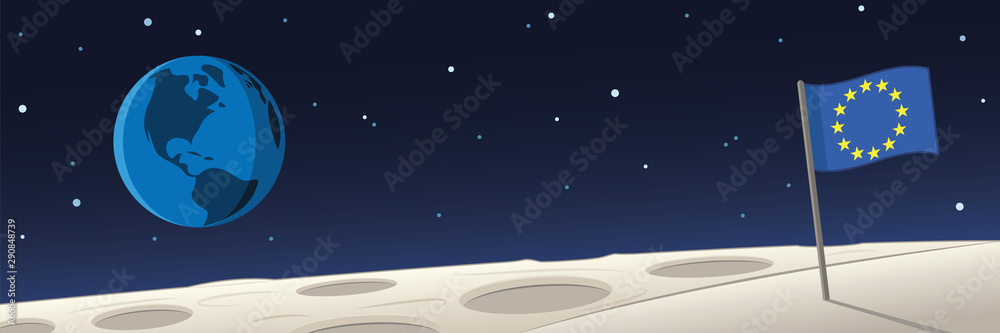 Moon Landscape With European Union Flag and Earth Scene