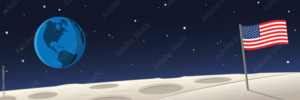 Moon Landscape With United States Flag and Earth Scene