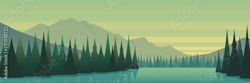 Calm Day Forest and Lake Beautiful Landscape Banner Style