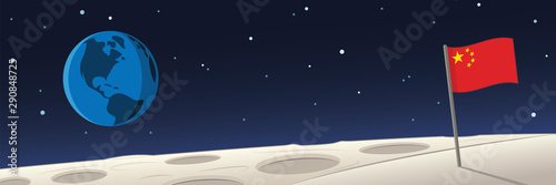 Moon Landscape With China Flag and Earth Scene