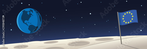 Moon Landscape With European Union Flag and Earth Scene