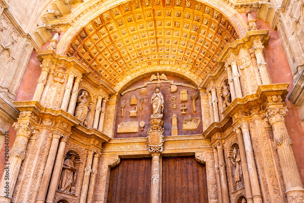 Gothic style entrance to Cathedral of Santa Maria of Palma, Spain