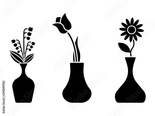 Flower icon, sign, symbol, black and white vector set. Group of blossom in vase flat simple style