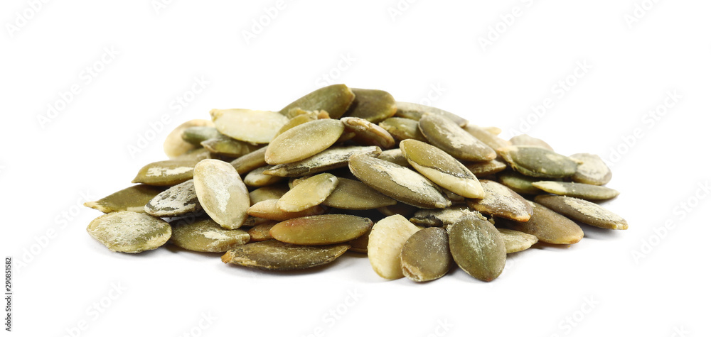 Pile of raw pumpkin seeds on white background Pile of raw pumpkin seeds on white background