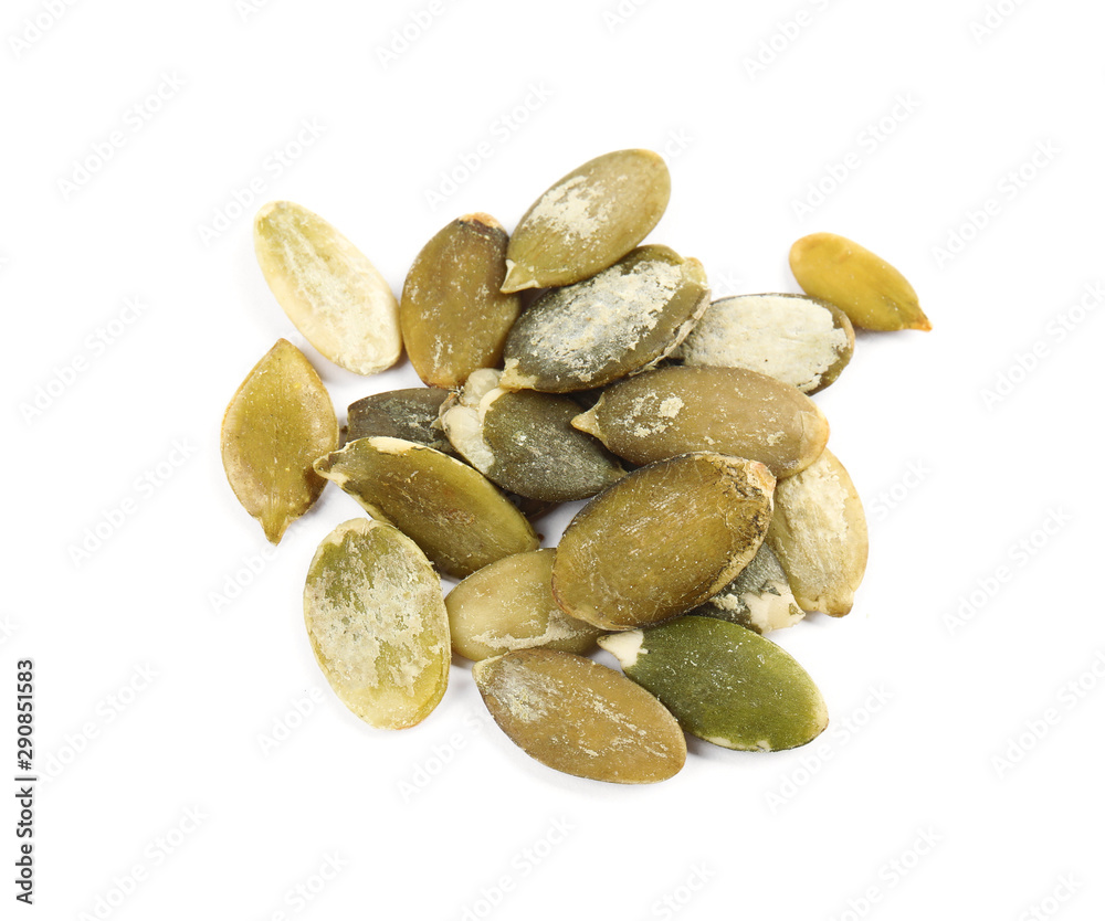 Pile of raw pumpkin seeds on white background, top view
