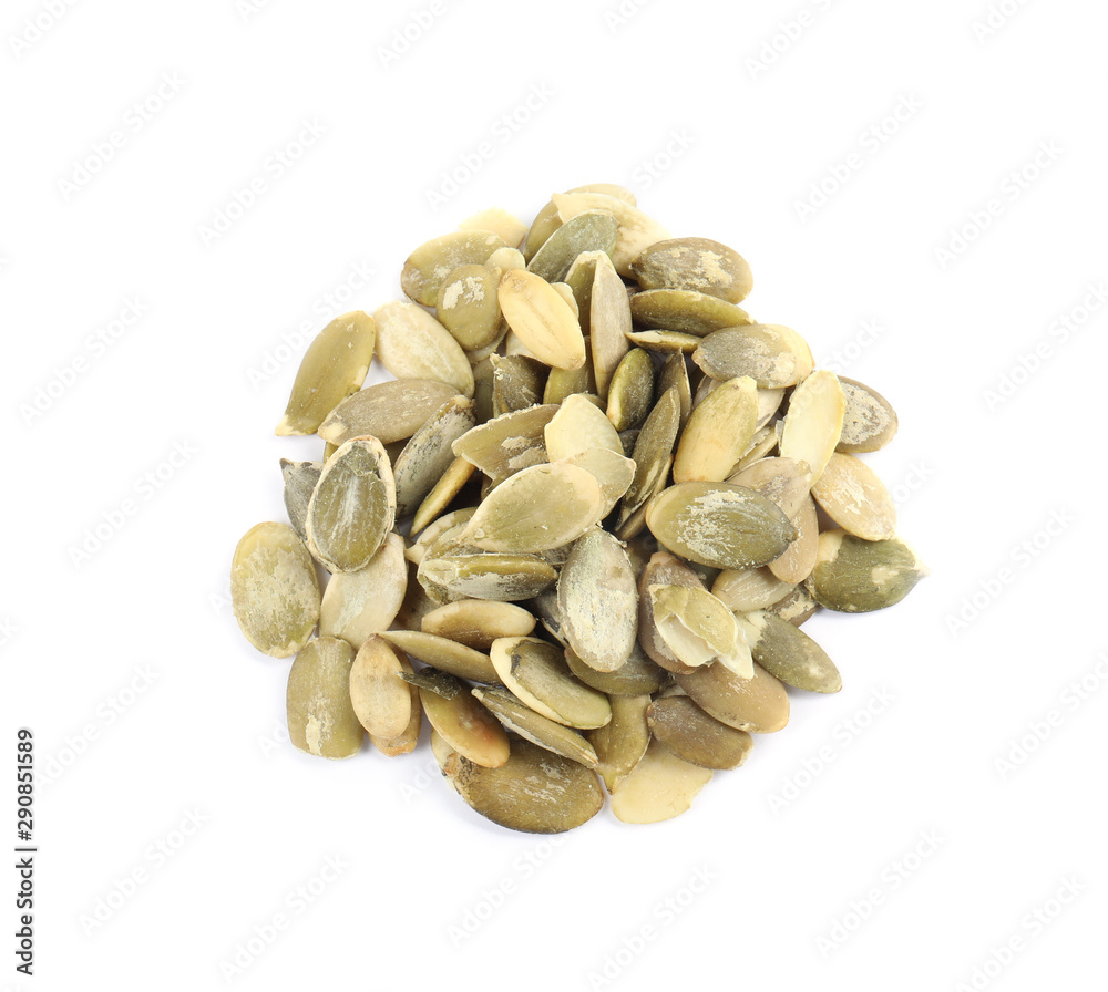 Pile of raw pumpkin seeds on white background, top view Pile of raw pumpkin seeds on white background, top view