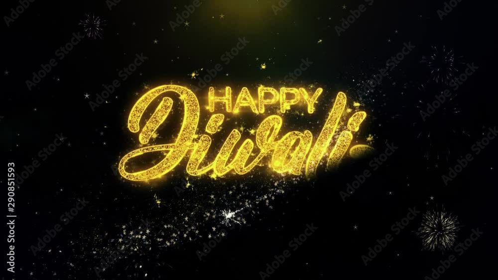 Happy Diwali Text Wish on Gold Glitter Particles Spark Exploding Fireworks Display. Greeting card, Wishes, Celebration, Party, Invitation, Gift, Event, Message, Holiday, Festival 4K Loop Animation.