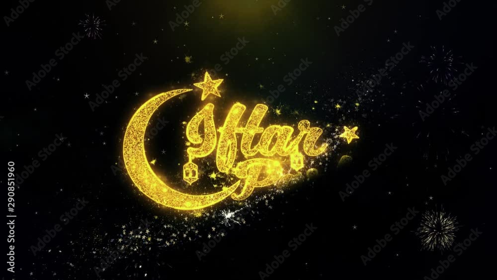 Iftar Party Text Wish on Gold Glitter Particles Spark Exploding Fireworks Display. Greeting card, Wishes, Celebration, Party, Invitation, Gift, Event, Message, Holiday, Festival 4K Loop Animation. Iftar Party Text Wish on Gold Glitter Particles Spark Exploding Fireworks Display. Greeting card, Wishes, Celebration, Party, Invitation, Gift, Event, Message, Holiday, Festival 4K Loop Animation.