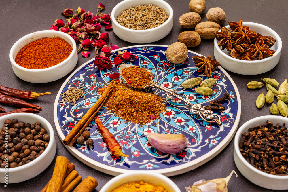 Fototapeta premium Ingredients for preparation oriental spice Ras el Hanout