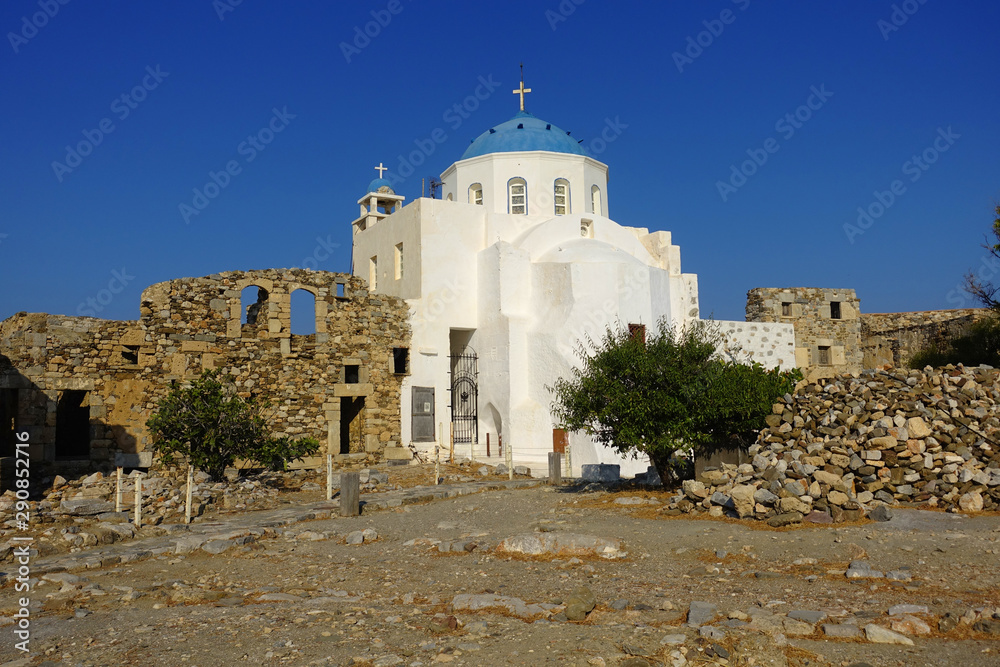 Picturesque church of Agios Georgios inside iconic castle of Astypalaia, Dodecanese, Greece