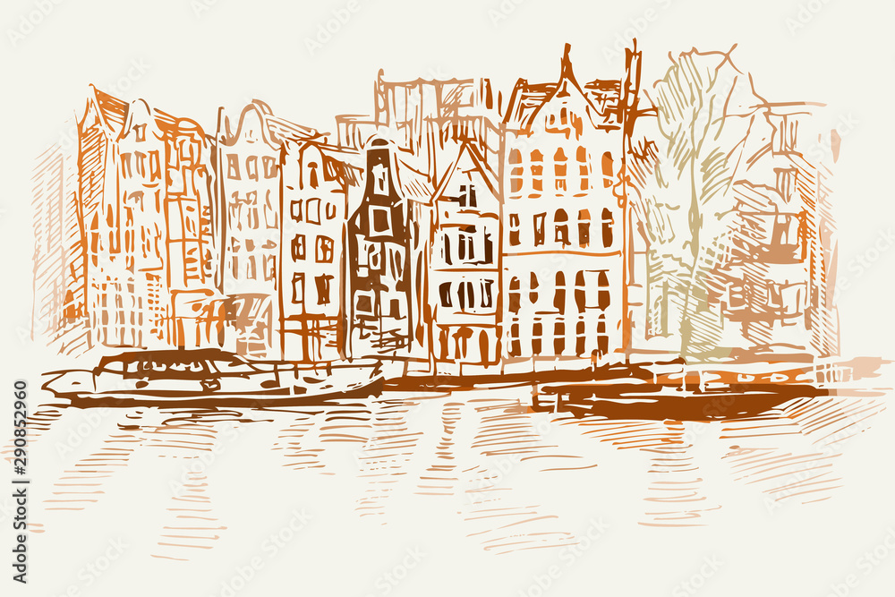 Ilustracja ręcznie wykonana. Przedstawia kamienice w Amsterdamie od stronu kanału