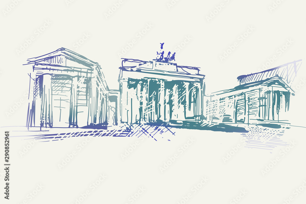 Ilustracja ręcznie wykonana. Przedstawia Bramę Brandenburską w Berlinie