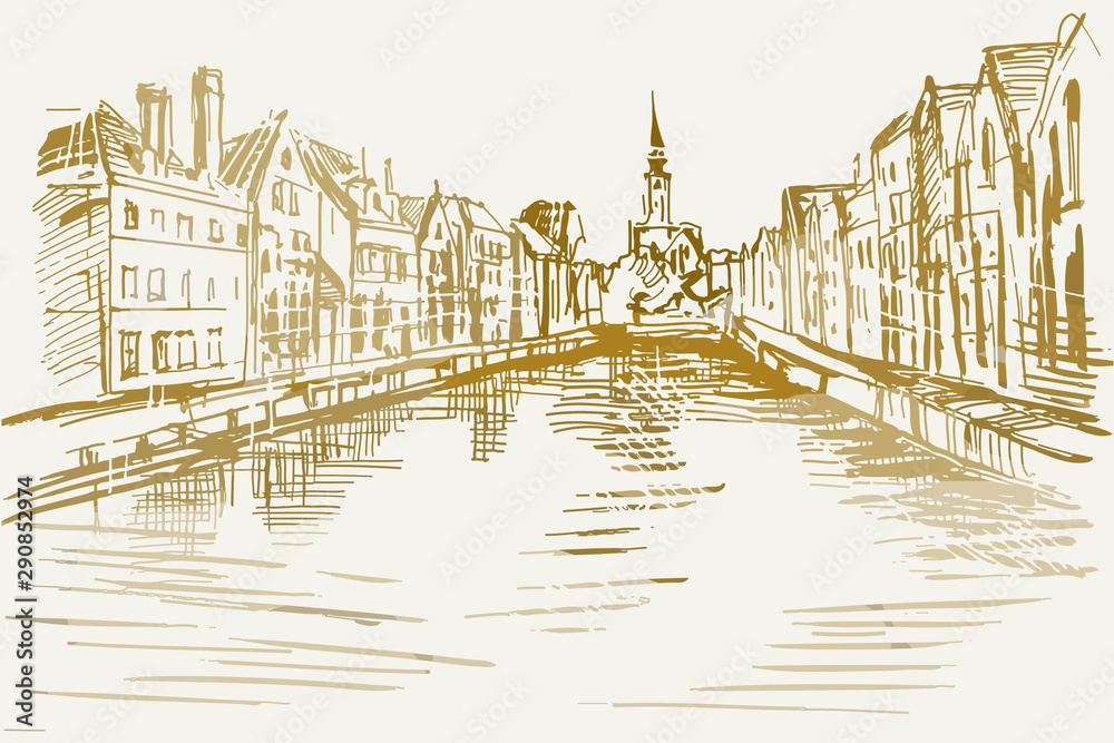 Ilustracja ręcznie wykonana. Przedstawia kanał w Gandawie na tle typowej architektury miasta