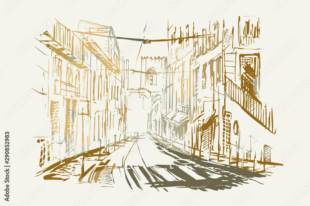 Ilustracja ręcznie wykonana. Przedstawia malowniczą ulicę w solicy Portugalii Lizbonie - obrazy, fototapety, plakaty 
