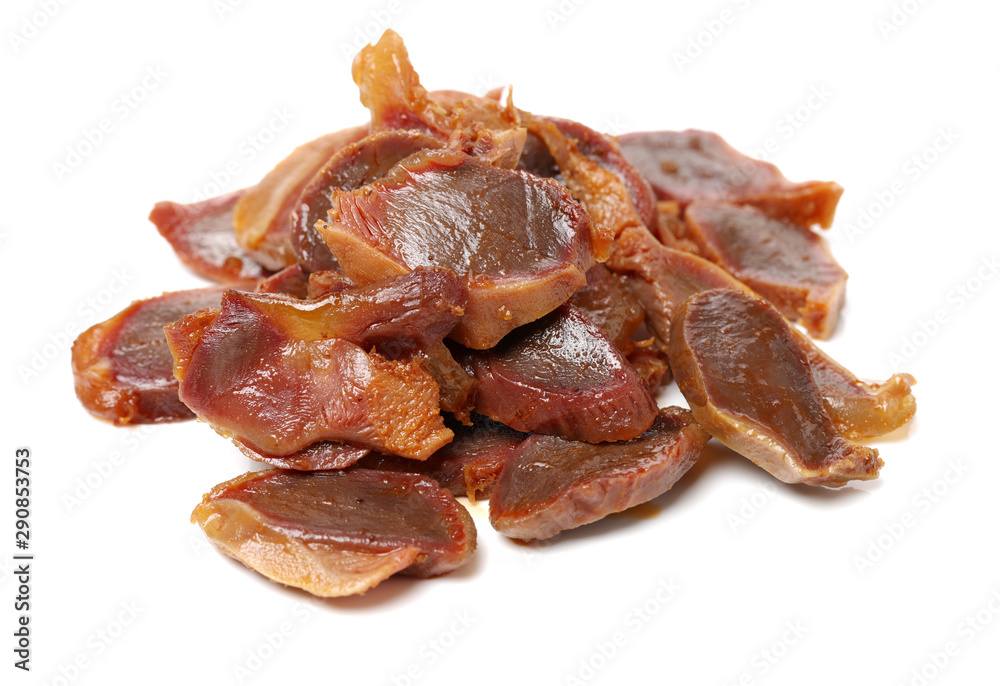 Cooked chicken gizzard slices isolated on white background