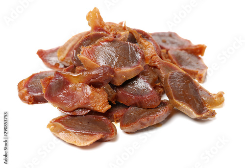 Cooked chicken gizzard slices isolated on white background photo
