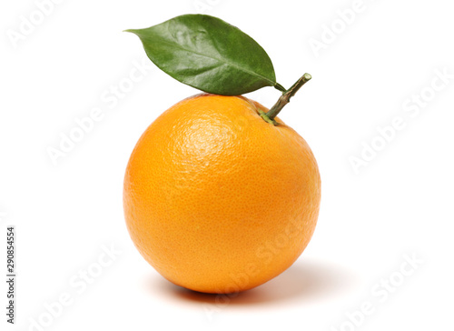 orange fruit with leaves on white background.