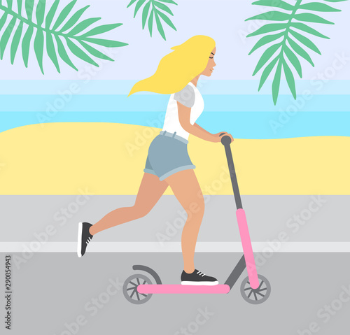 Vector flat cartoon girl riding a scooter isolated on beach background