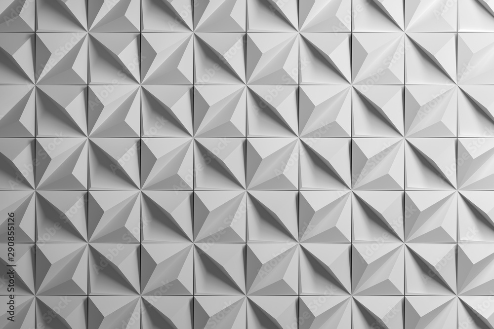 White 3d pattern with distorted squares made of pyramids with uplifted edges. Geometric clean polyhedron poly pattern. 3d illustration. White 3d pattern with distorted squares made of pyramids with uplifted edges. Geometric clean polyhedron poly pattern. 3d illustration.