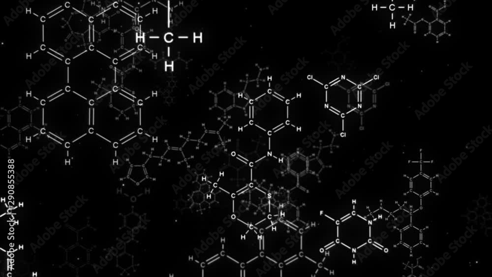 Camera flights into chemical formulas on a black background