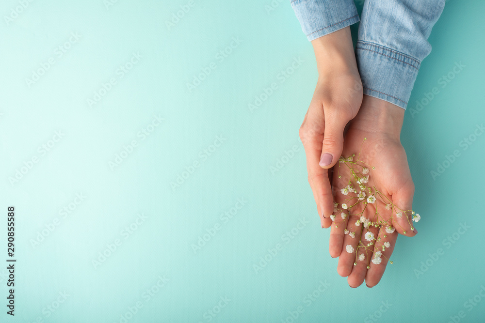 Obraz premium Flat lay. Tender female hands with white delicate flowers. On a turquoise background. Art photo, top view, horizontal photo.