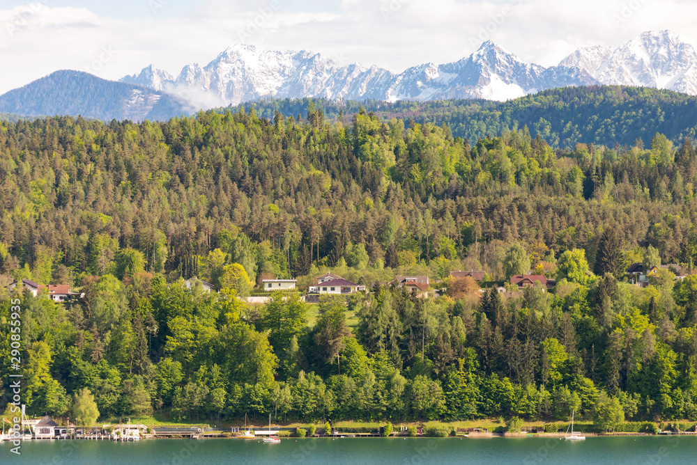Austria. Lake Worthersee. From lake to sky. The village is in a picturesque location.