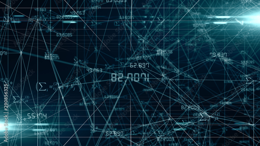 Digital math formula calculations of Artificial neural networks - illustration rendering Digital math formula calculations of Artificial neural networks - illustration rendering