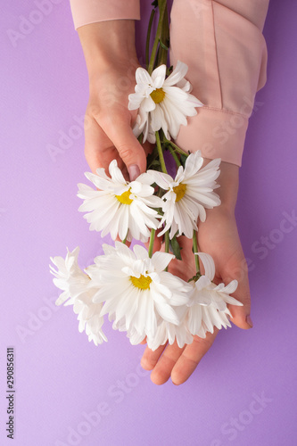 Flat lay.Gentle female hands with white delicate flowers.art photo  top view  vertical photo