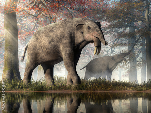 Canvas Print A pair of huge creatures forage in a primeval forest
