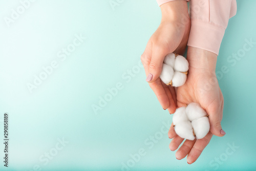 female manicured hands with white delicate cotton flowers with space for design