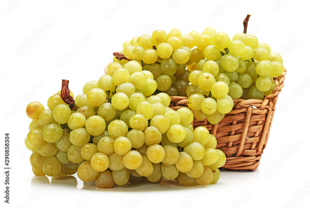 Fresh grape fruits with green leaves isolated on white background Fresh grape fruits with green leaves isolated on white background