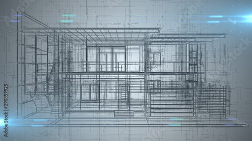 Architecture engineering house blueprint design abstract - 3D illustration rendering