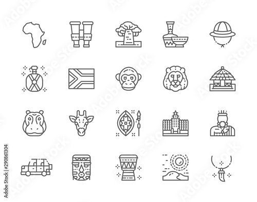 Set of Africa Line Icons. Tooth Pendant, Binoculars, Pottery, Animals and more.