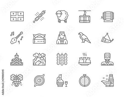 Set of Georgian Culture Line Icons. People in Ethnic Costume, Sweets and more.